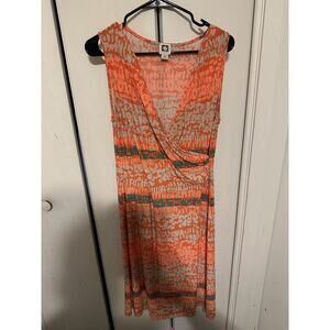 Anne Klein Women's Orange Print Stretch Surplice Style Sleeveless Dress M